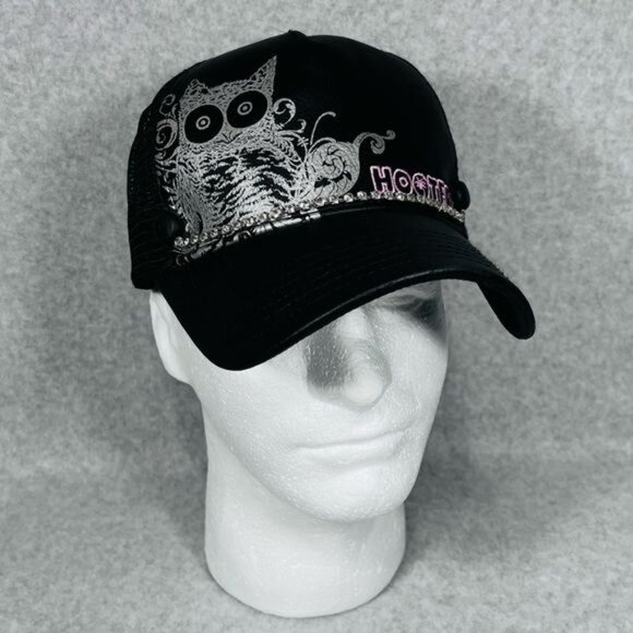 Hooters Hat Women’s Black Vegan Leather Rhinestones Owl Snap‎ Back OSFM Vtg - Picture 3 of 16